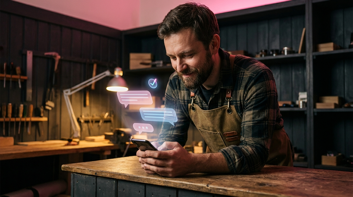 Small business owner in his workshop using AI automation on his phone to answer customer enquiries