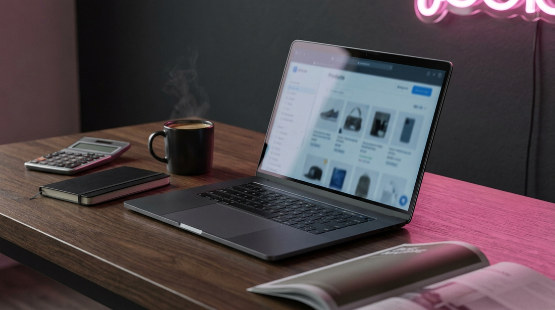 Laptop showing a Shopify store design on a desk with a notebook and calculator, planning website costs
