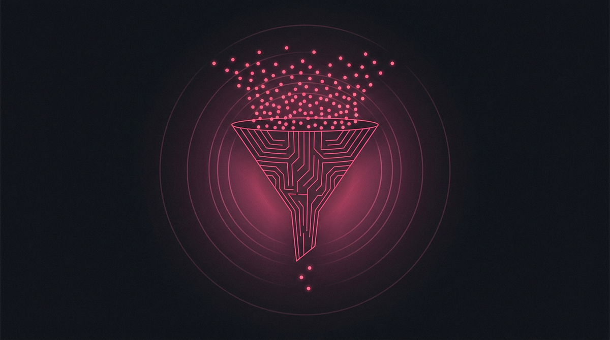 Illustration of a funnel with many website visitors entering the top and only a few enquiries coming out of the bottom